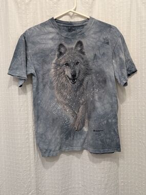 THE MOUNTAIN "SNOW PLOW WOLF" 2002 T Shirt XL Blue Tie Dye Y2K Grunge Streetwear